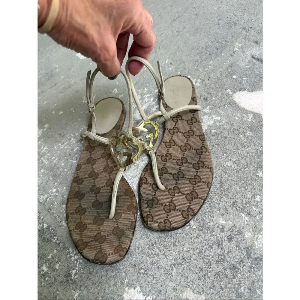 Vintage Gucci monogram cream and gold sandals